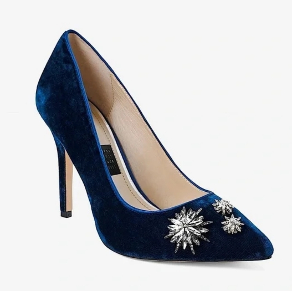 White House Black Market Velvet Olivia Heels 6.5 Blue Rhinestone Dress Pumps